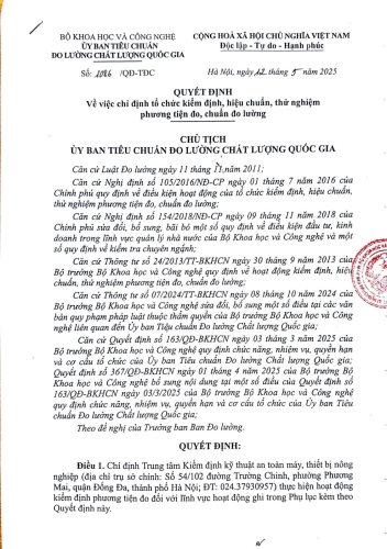 Quyết định về việc chỉ định tổ chức kiểm định, hiệu chuẩn, thử nghiệm phương tiện đo, chuẩn đo lường