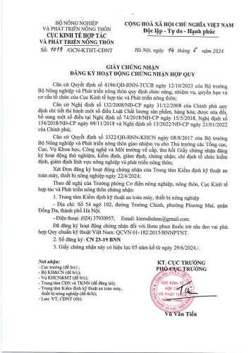 Giấy chứng nhận đăng ký lĩnh vực chứng nhận hợp quy bơm phun thuốc trừ sâu đeo vai