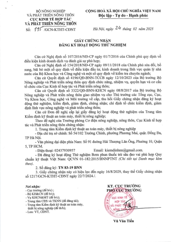 Giấy chứng nhận đăng ký lĩnh vực thử nghiệm bơm phun thuốc trừ sâu đeo vai