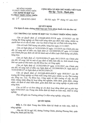 Quyết định chỉ định tổ chức chứng nhận hợp quy bơm phun thuốc trừ sâu đeo vai