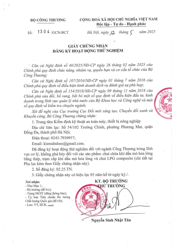 Giấy chứng nhận đăng ký hoạt động thử nghiệm